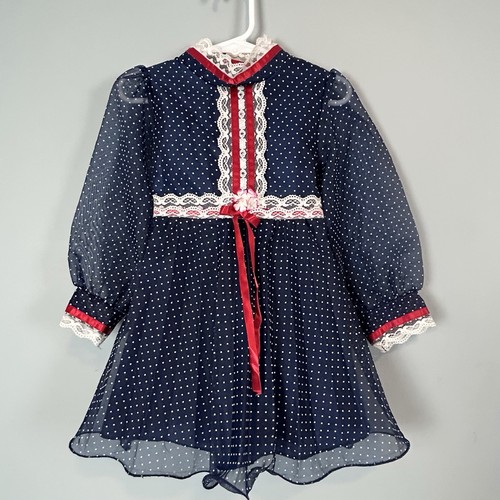 Vintage 70s Toddler Girls Dress Blue Swiss Dot Semi Sheer Lined Lace Red Ribbon