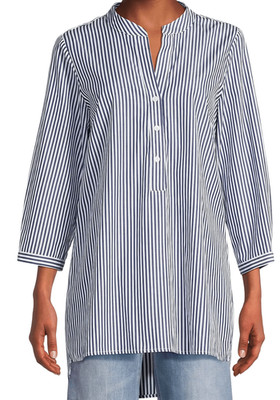 Harshman Derrington Tunic Top Women's Large Blue White Striped Cotton Poplin