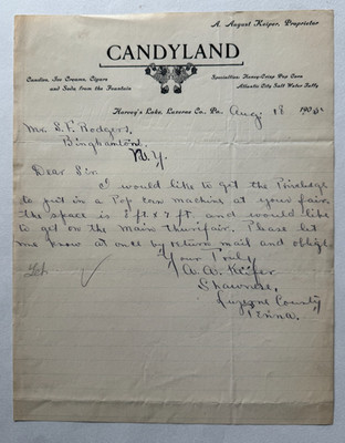 1905 Letterhead Harvey's Lake Luzerne Cty Pennsylvania Candyland candy ice cream
