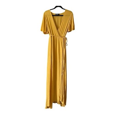 Lulus Much Obliged Golden Yellow Gauzy Wrap Maxi Dress Size Large