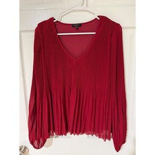 Quince Red Pleated Long Sleeve V Neck Blouse Top Womens XS