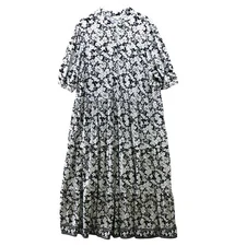 Max Studio Maxi Dress Womens 2X Tiered Floral Black White Short Sleeve Jersey