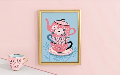 Hübsche gestapelte Teetassen blau rosa süß Retro Tasse Küchentasse Gänseblümchen Grafik G