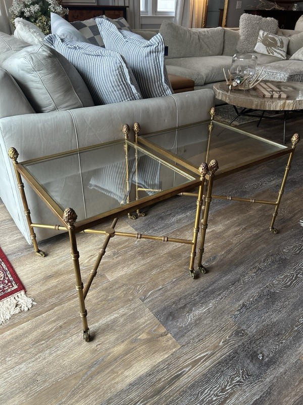 Mid Century Faux Bamboo Hollywood Regency Brass Square Side Tables (18" tall)