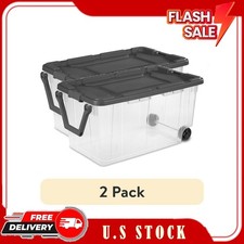 2 Pack Sterilite 160 Qt Wheeled Storage Bin Clear Tote w/ Latch Lid Gray