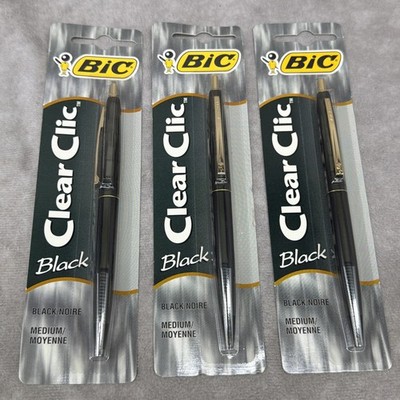 Vtg Bic Clear Clic Pens Medium Point Ball Pens Black Ink Prop NOS 1994 Lot Of 3