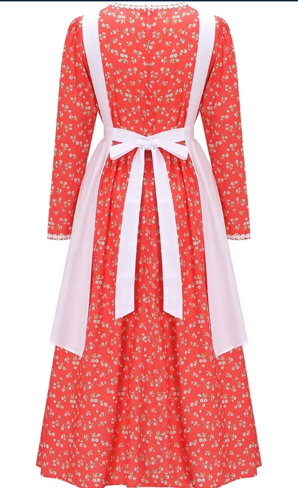 Women Pioneer Costume Floral Dress With Apron & Hat (Large) - Image 3 of 4