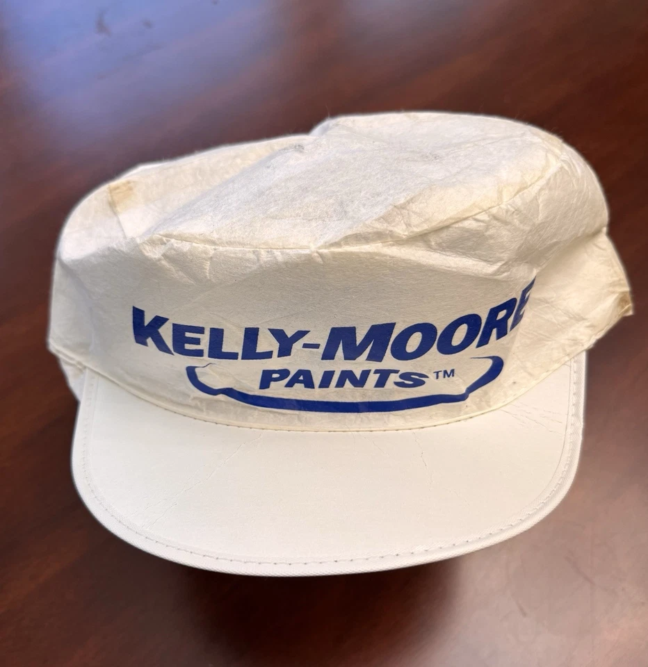 Vintage Kelly-Moore Paints Painter Cap White Blue Logo Workwear Hat Elastic Back - Image 1 of 4