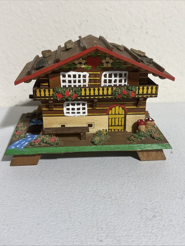 Vintage Wooden Swiss Chalet House Music Trinket Box Wegisserlied Works Read!
