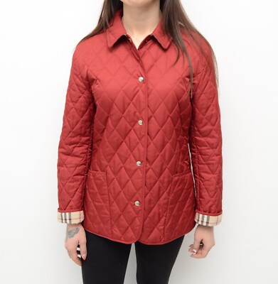 Women's Burberry London Red Quilted Jacket Coat Nova Check