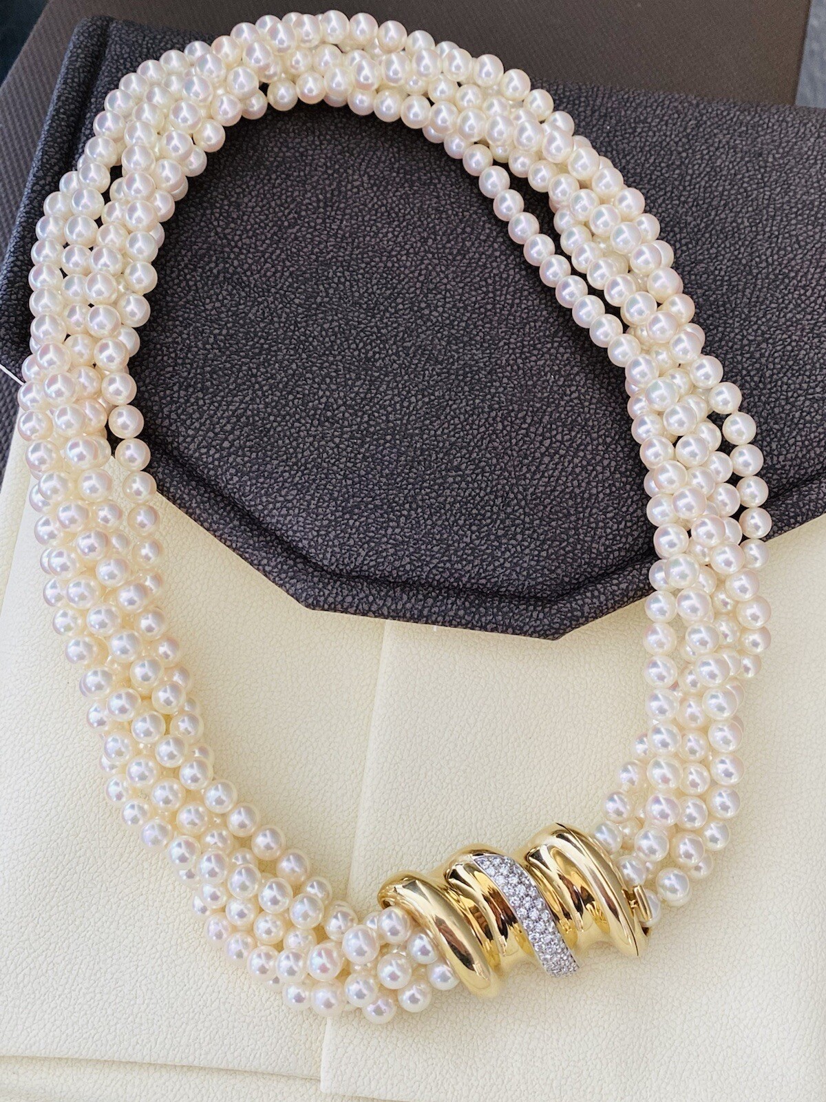 Vintage 14k Ladies 6 Strand Akoya Pearl Diamond Choker Necklace - Image 5