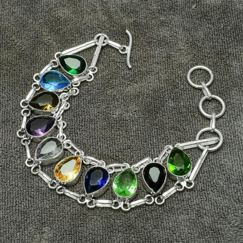 Multi Stone Gemstone 925 Sterling Silver Handmade Jewelry Bracelet 7-8" - Picture 2 of 8