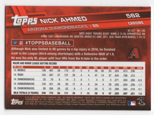 2017 Topps Chrome Sapphire Edition Print Run 250 Nick Ahmed #562 Arizona - Picture 2 of 2