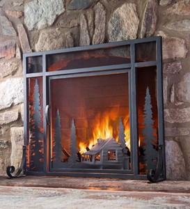 Black Metal Mesh Fireplace Fire Screen Mountain Rustic Forest