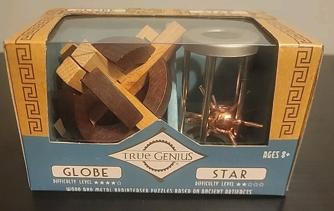 TRUE GENIUS Wood And Metal Brainteaser Puzzles Globe & Star/Wood Chain+Anchor 