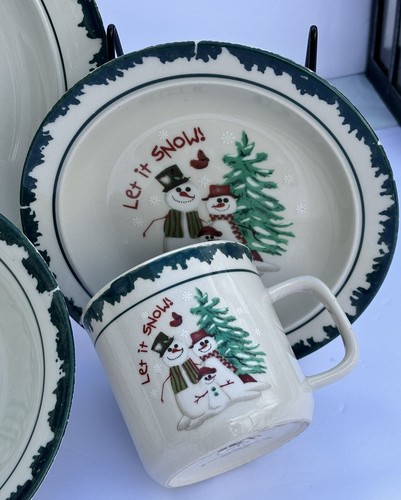 Atico Let It Snow Christmas Snowman Dinner Side Plates Bowl Mug 4 Pc Setting Set - Picture 6 of 10