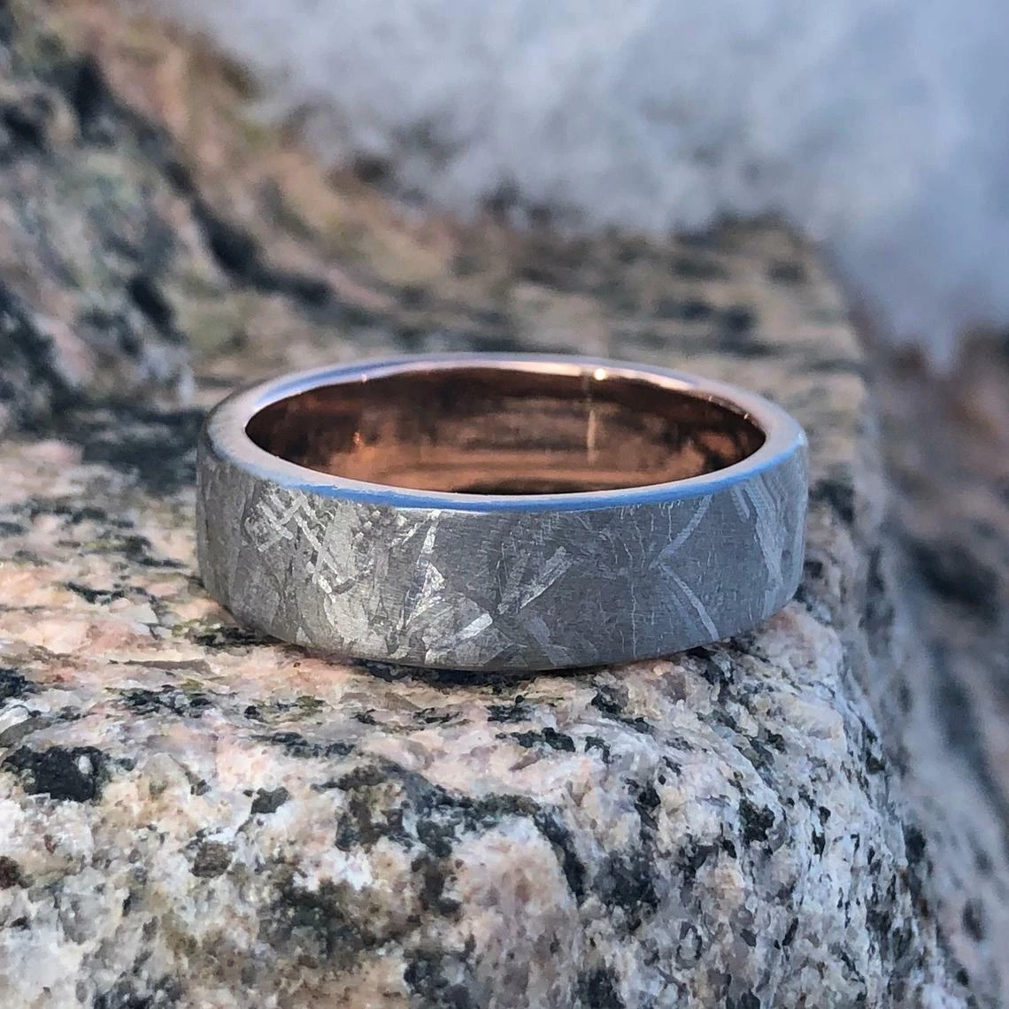 Meteorite Ring with 14k Rose Gold Sleeve 6mm Wedding Band Custom