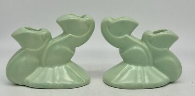 Bauer Pottery Candle Holders, CAL-ART Green Satin designed by Ray Murray