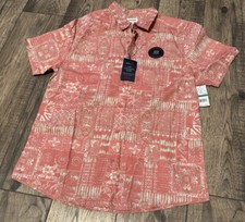 HAGGAR Hawaiian Theme Tuckless Button Front Short Sleeve Shirt Size Large Coral