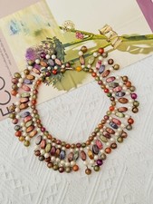 Crown Trifari 1950 Gripoix Harlequin Long Beads White Pearl Tassel Bib, Necklace