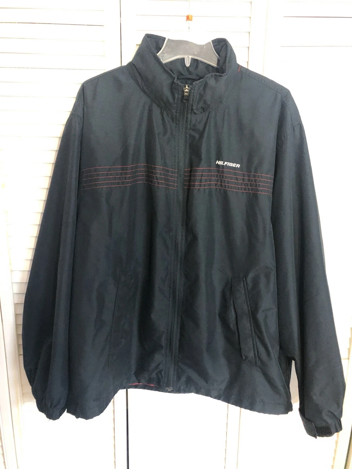 Tommy Hilfiger Mens Full Zip Hooded Windbreaker Jacket XL Nave Blue Lined #87