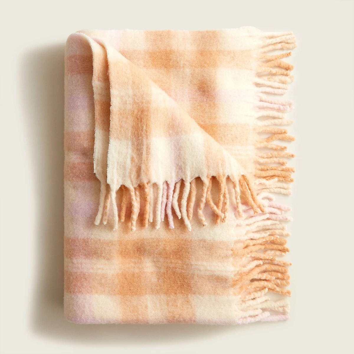 J. Crew Home Soft Wool Blend Throw Blanket in Peach Pink Plaid 48x61 168 NEW
