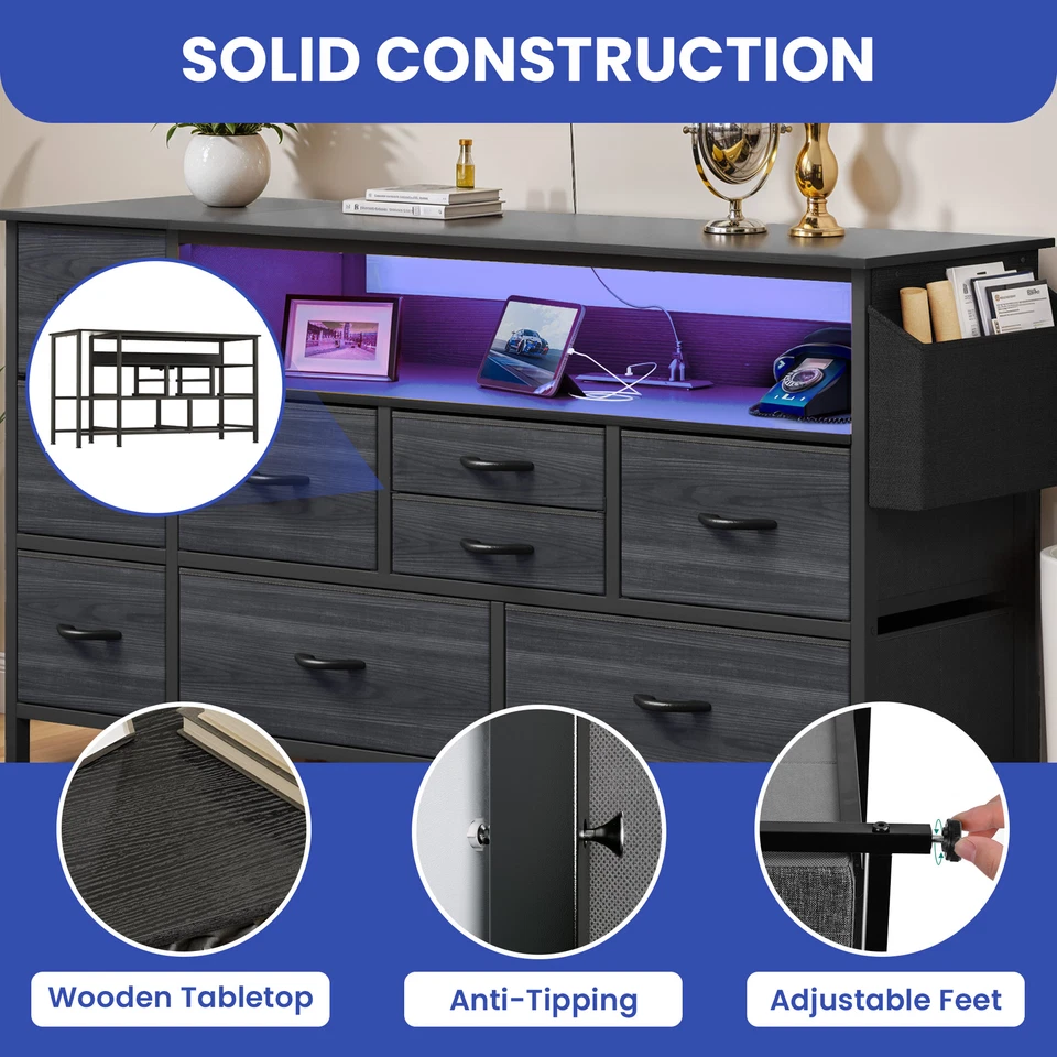 9 gavetas cômoda preta luzes LED ajustáveis porta USB organizador de armário de armazenamento - Imagem 3 de 4