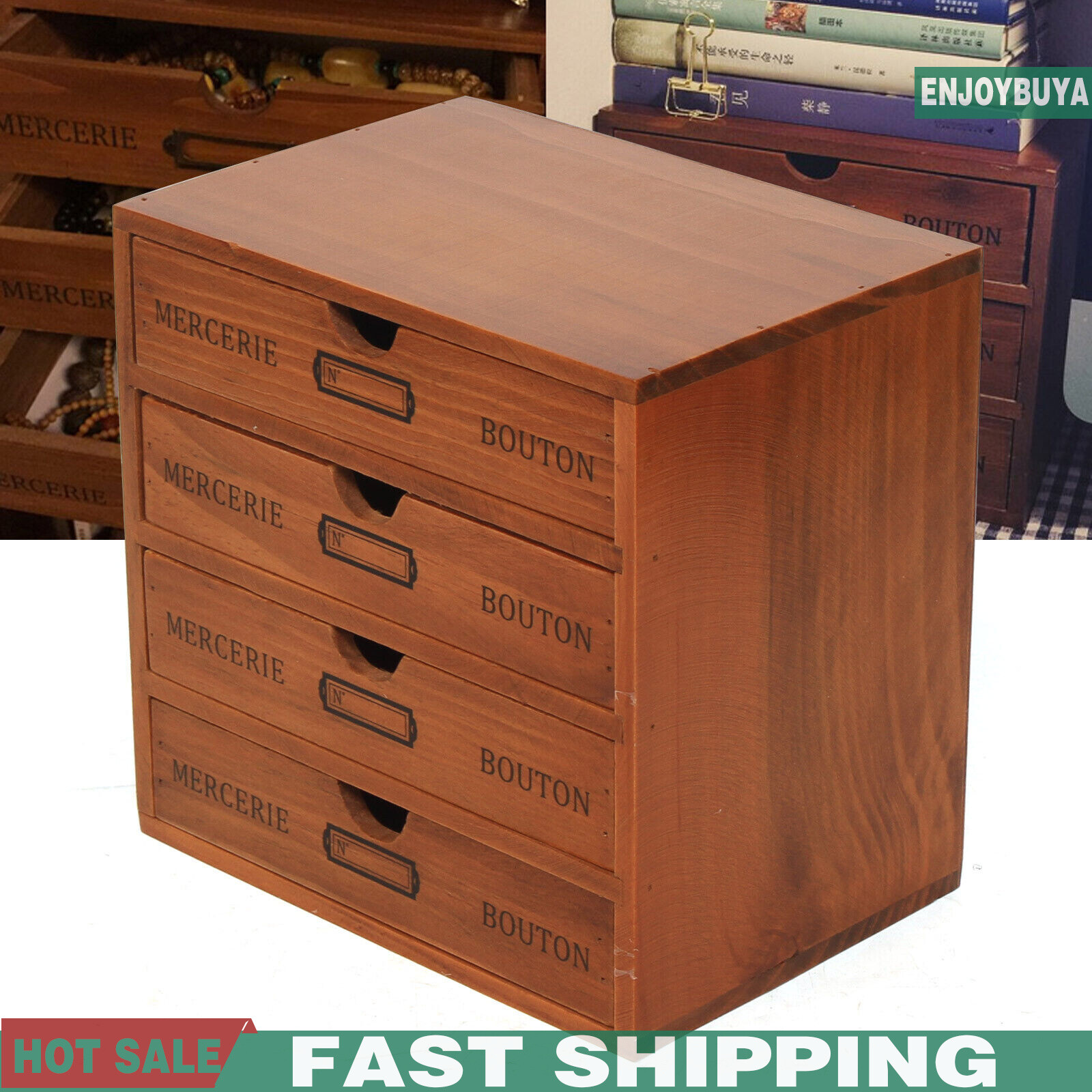 Brown Large 4 Layers Wooden Storage Box Jewelry Organizer Rectangle 4 Drawers