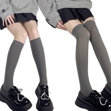 Preppy Style Women Calf Socks Solid Color Light Gray Over Knee Stockings