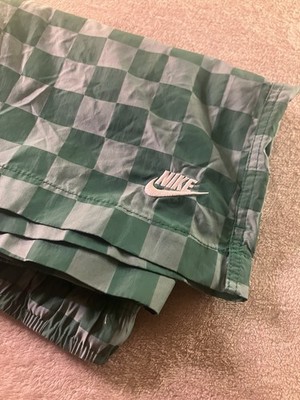 Nike Men's Green Check Swim Shorts Size M Logo Elastic Waist Drawstring