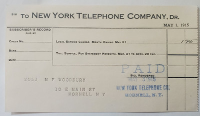 1915, New York Telephone Company Bill, M.F. Woodbury, 10 E. Main, Hornell, NY