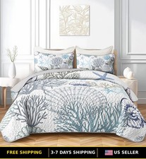 3-Piece King Size Reversible Coastal Quilt Set - Beach  Ocean Theme Bedding