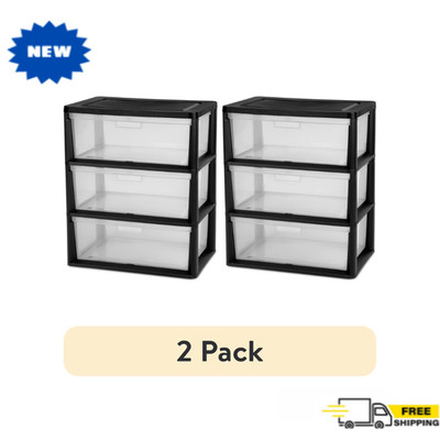 2 Pack Sterilite Wide 3 Drawer Tower Plastic Storage Bins Organizer Unit, Black