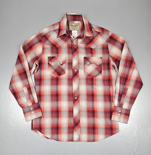 Wrangler Western Pearl Snap Button Shirt Mens Medium Plaid Long Sleeve Red White