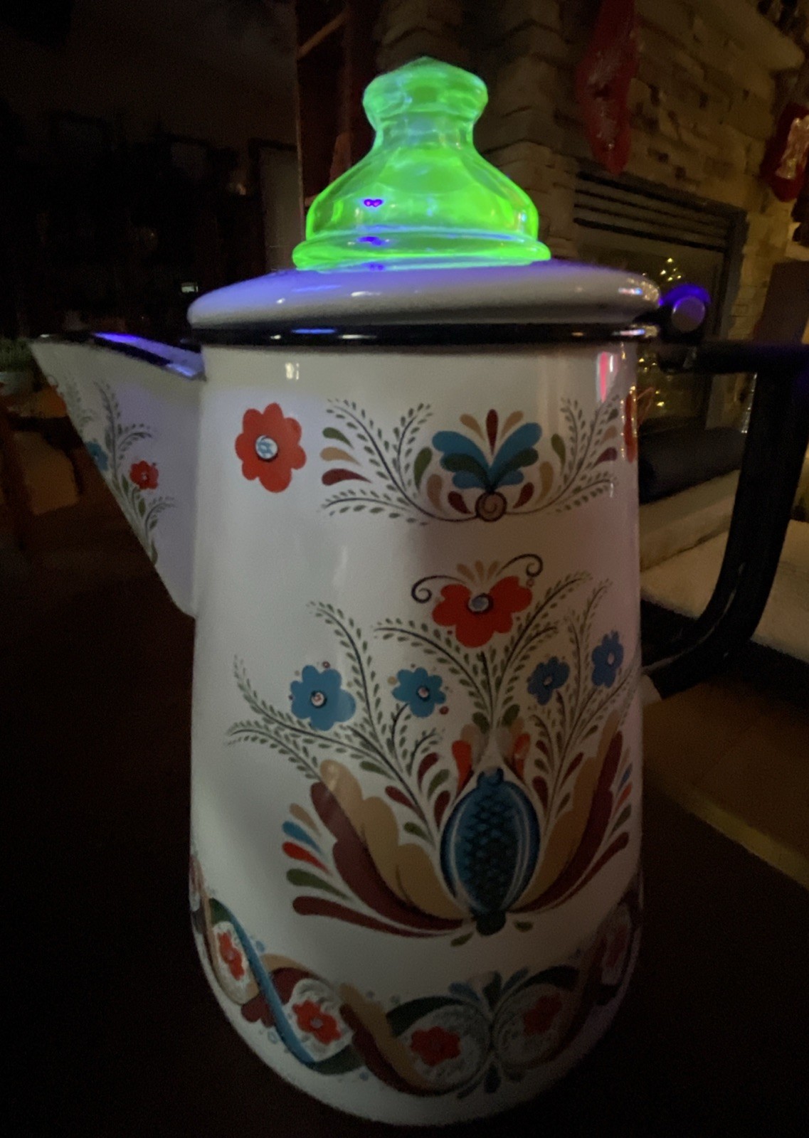 Vintage Berggren Enameled Coffee Percolator Uranium Green Glass Top 9.5” Flowers