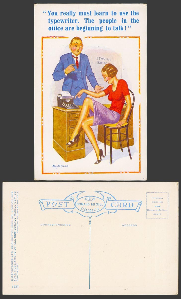 Donald McGill Old Postcard Learn Typewriter, People in Office Begin to Talk 1723