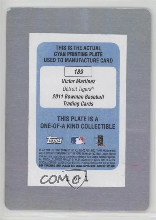 2011 Bowman International Printing Plate Cyan 1/1 Victor Martinez #189 1m8 - Image 2 of 3