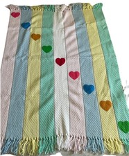 Vtg 80s 90s Knit Baby Blanket Rainbow Hearts Pastel Homemade Fringe 31.5 X 46