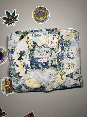 Zara Man Men's Slim Fit Floral Button-Up Shirt M Blue/White/Yellow Cotton