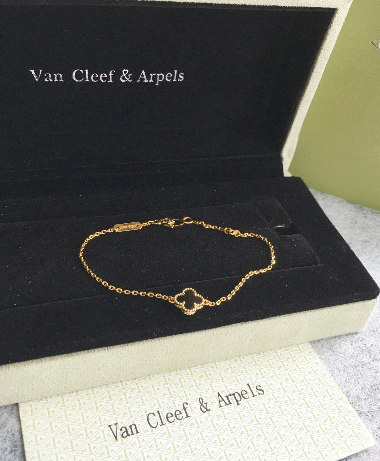 Vintage Alhambra 18K Yellow Gold Onyx Clover Bracelet by VC Arpels