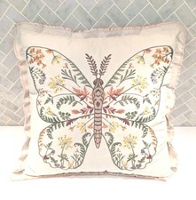 Throw Pillow Embroidered Butterfly Flowers 18x18  Summer Spring Cottagecore Boho