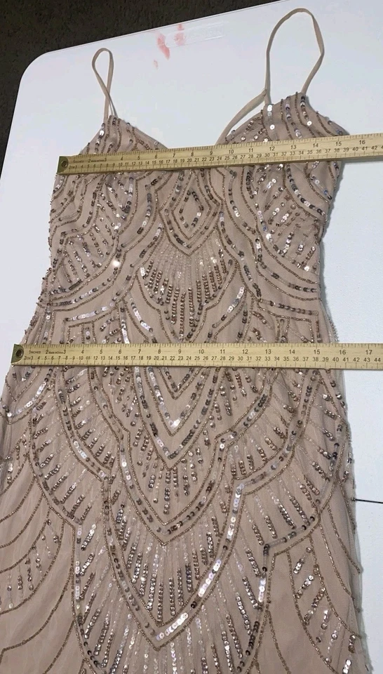 Y2K 90s Womens Beige Sequin Stretchy Whimsigoth Boho Formal Prom Maxi Dress Sz 9 - Image 4 of 4
