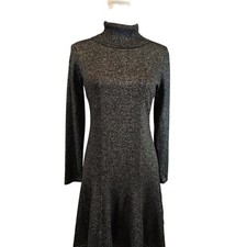 Calvin Klein Women Black Silver Metallic Cowl neck Fit Flare Whimsigoth Dress M