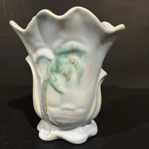 Weller Pottery Blue Ruffled Vase with Yellow Lily of The Valley Flowers 6"