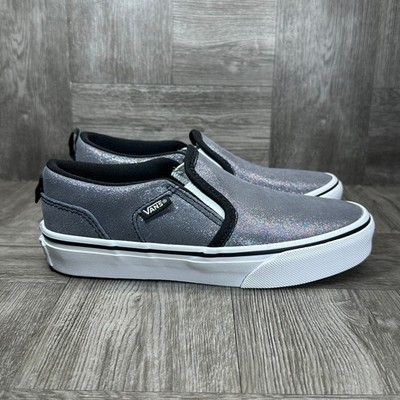 Vans Asher Slip On Kids 4 Grey Glitter Holographic Sparkle NEW