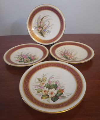 4 e Early ROYAL WORCESTER Hand Painted BOTANICAL Floral Gold Gilded 9 1/8 PLATES