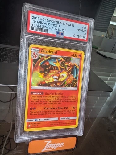 Pokemon 2019 Sun & Moon Team Up Cracked Ice #14 Charizard-Holo PSA 8