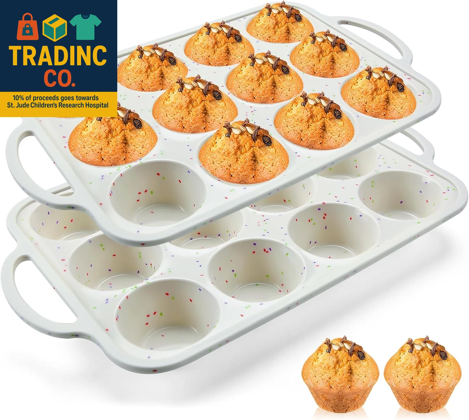 2Pack Silicone Muffin Pan for Baking with Metal Reinforced Frame, 12 Cup Regular