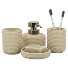 Beige Bathroom Set 4 Pcs - Toothbrush Holder, Soap Dispenser, Vanity Tray, Tu...