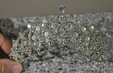 5.25" Tiara Crown Hair Comb Queen Princess Rhinestones Metal Silver Tone